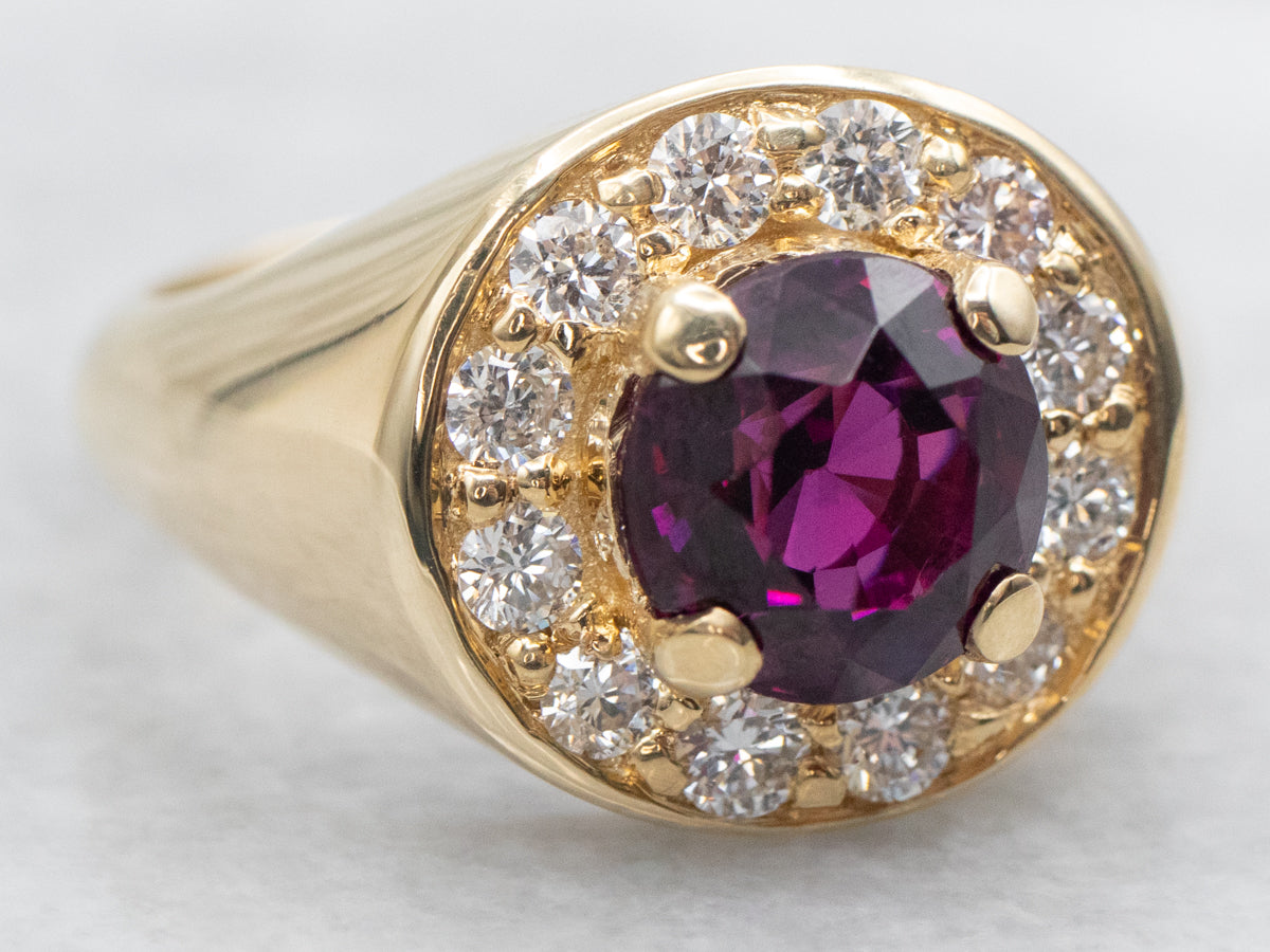 Modern Gold Rhodolite Garnet and Diamond Halo Ring