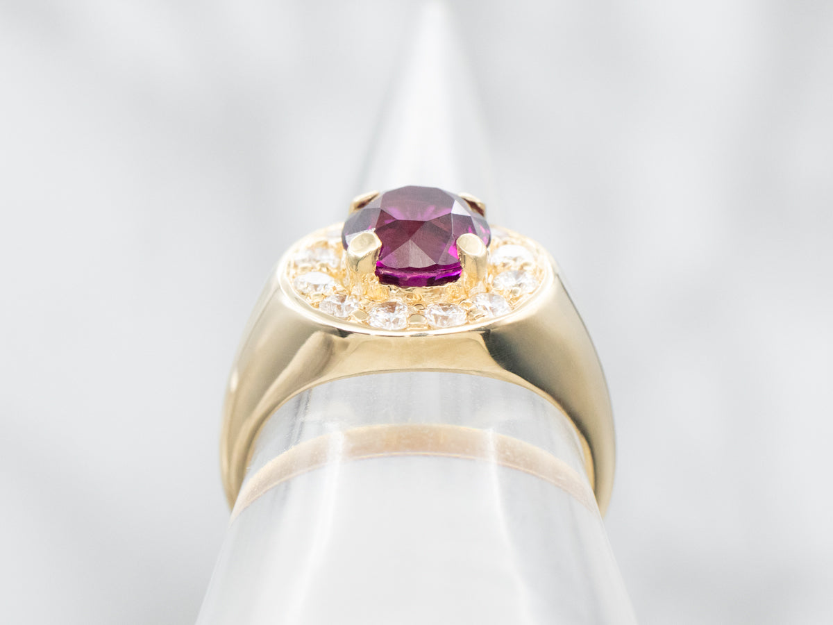 Modern Gold Rhodolite Garnet and Diamond Halo Ring