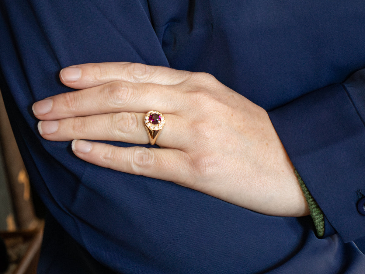 Modern Gold Rhodolite Garnet and Diamond Halo Ring