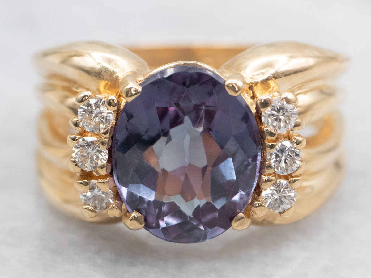 Ribbed Gold Synthetic Alexandrite and Diamond Cocktail Ring