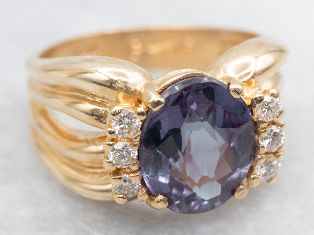 Ribbed Gold Synthetic Alexandrite and Diamond Cocktail Ring