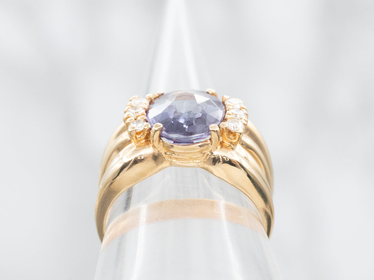 Ribbed Gold Synthetic Alexandrite and Diamond Cocktail Ring