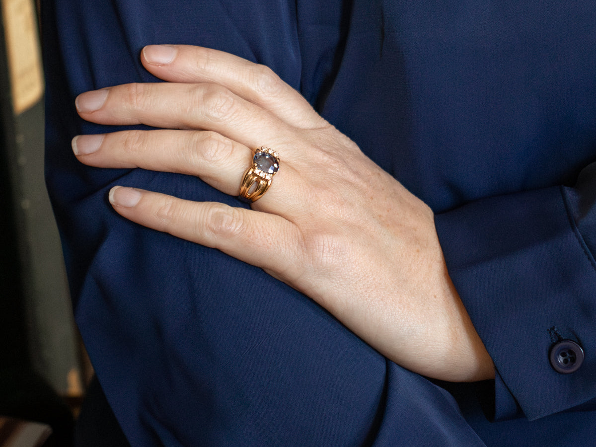 Ribbed Gold Synthetic Alexandrite and Diamond Cocktail Ring