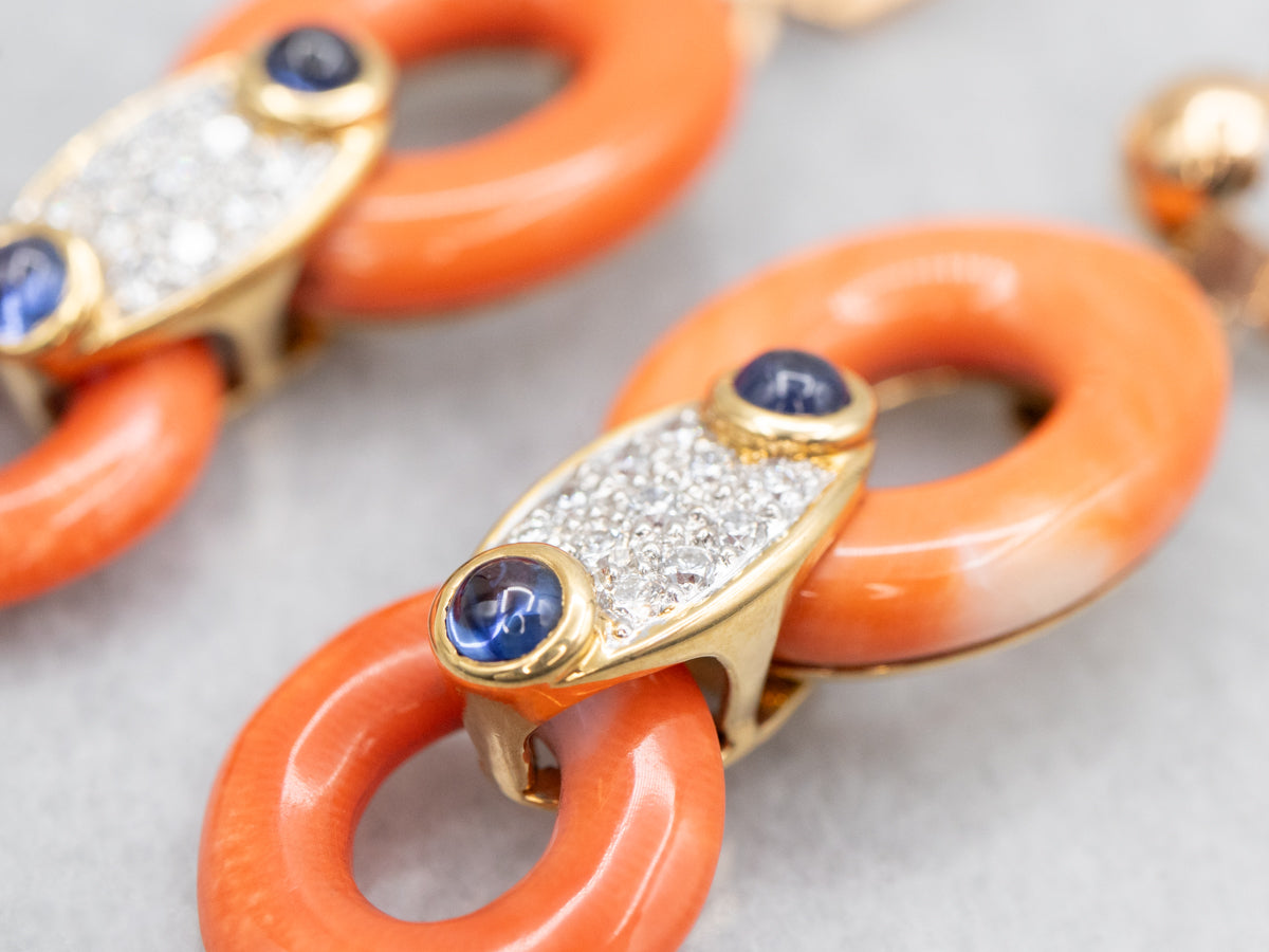 Coral, Sapphire Cabochon, and Diamond Drop Earrings