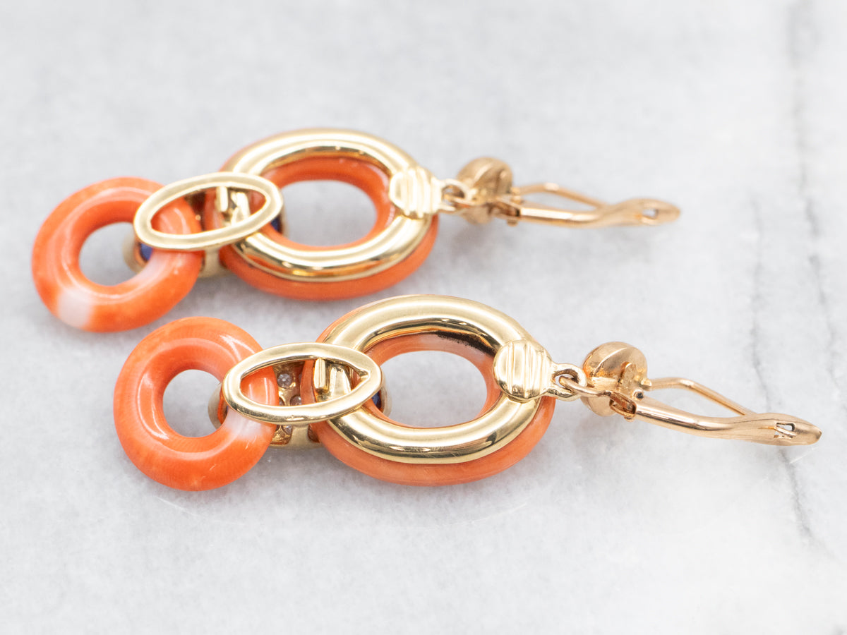 Coral, Sapphire Cabochon, and Diamond Drop Earrings