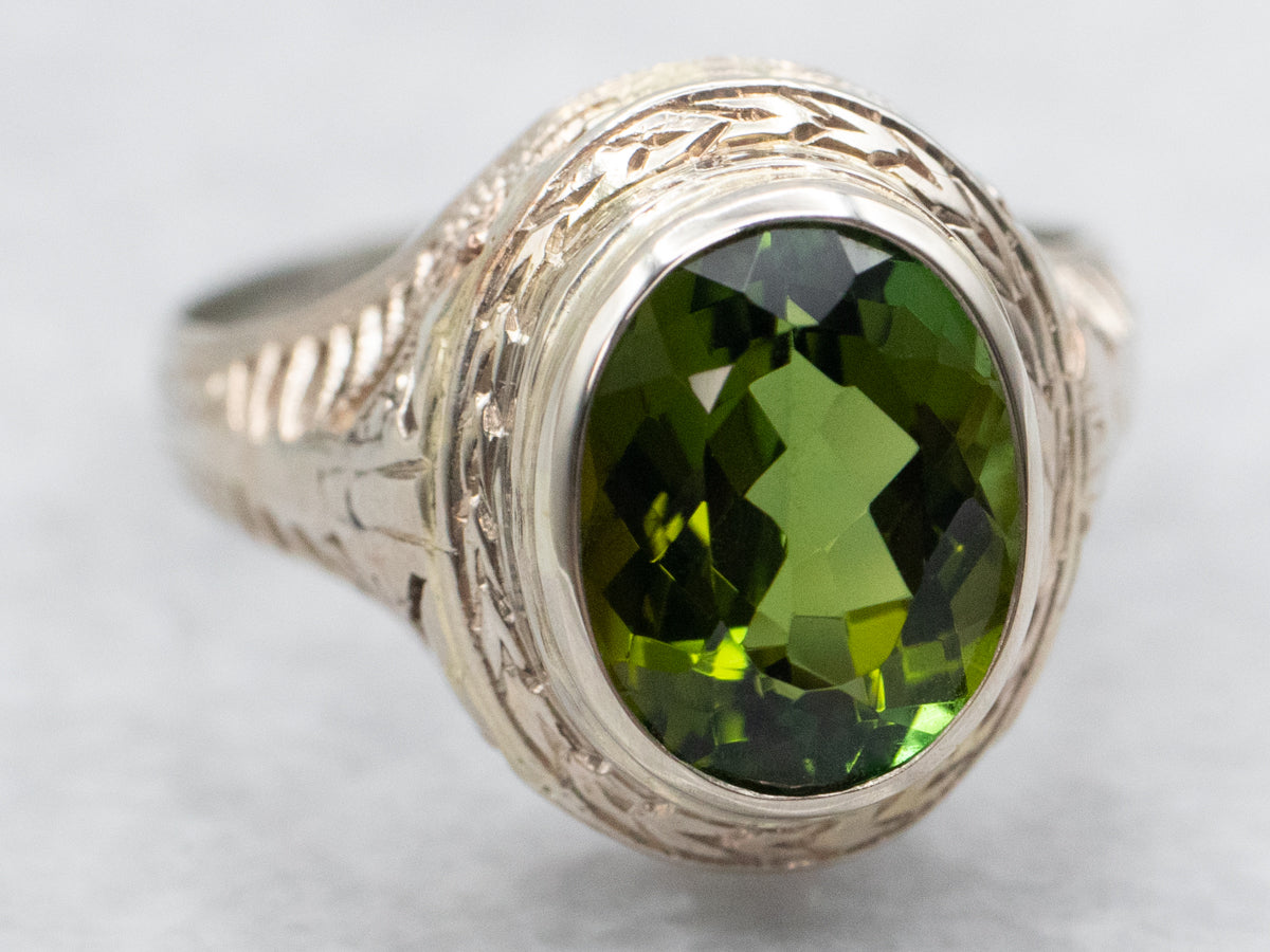 Art Deco Bezel Set Green Tourmaline Solitaire Ring