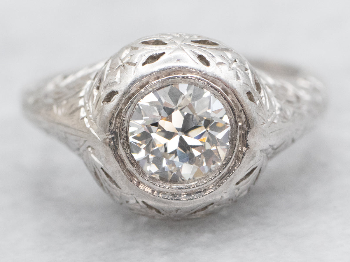 Art Deco Inspired European Cut Diamond Solitaire Engagement Ring