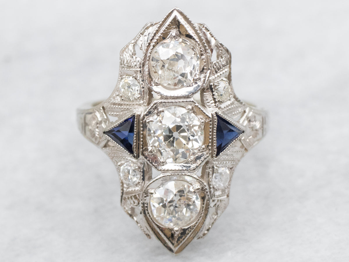 Art Deco Inspired Old Mine Cut Diamond and Synthetic Sapphire Dinner Ring