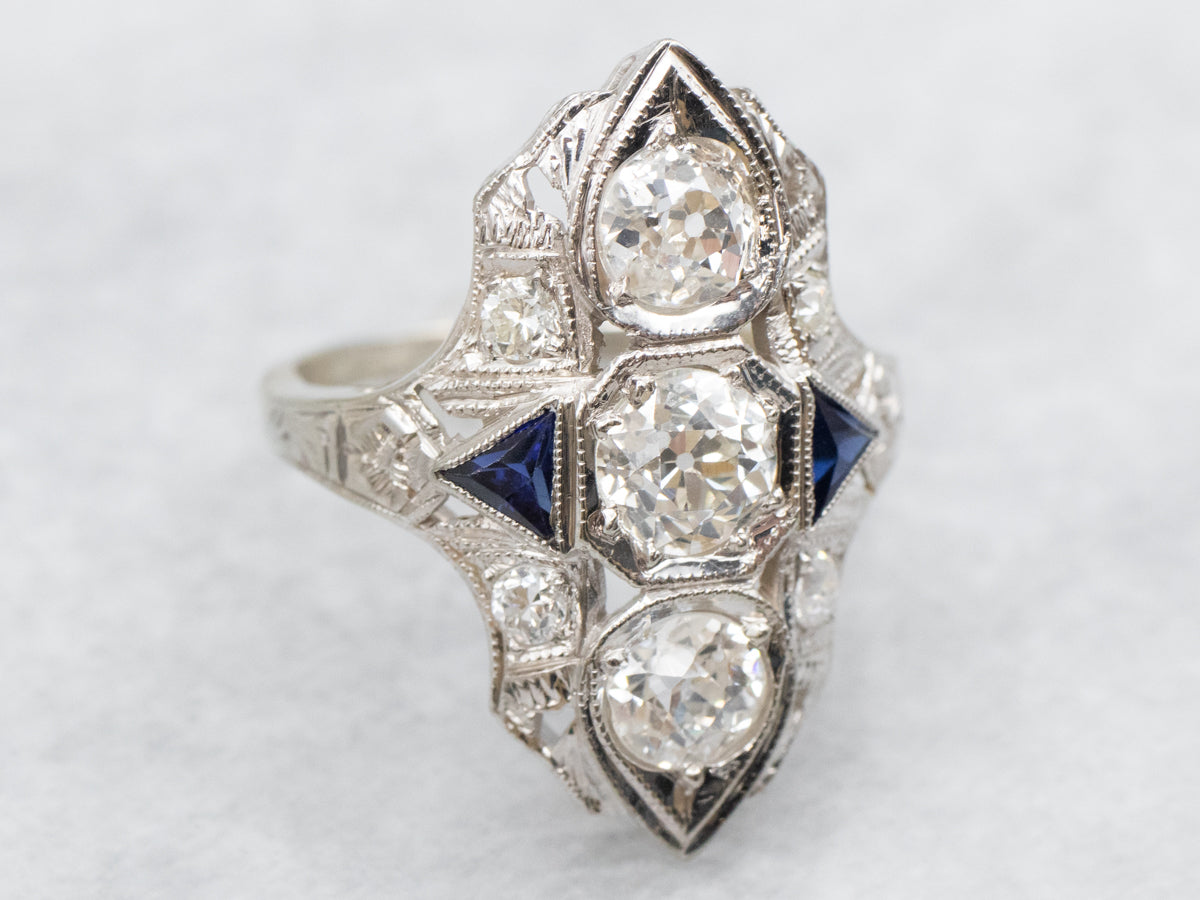 Art Deco Inspired Old Mine Cut Diamond and Synthetic Sapphire Dinner Ring