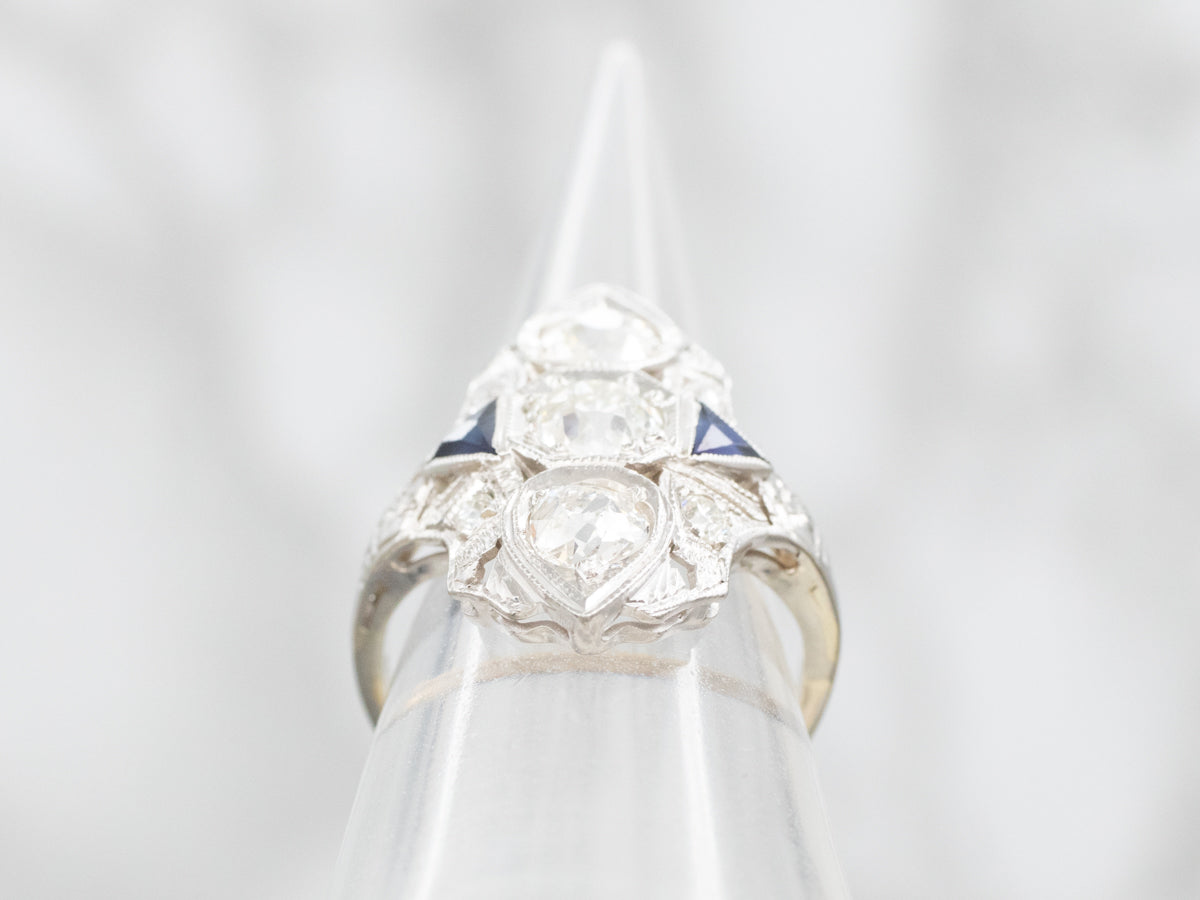 Art Deco Inspired Old Mine Cut Diamond and Synthetic Sapphire Dinner Ring