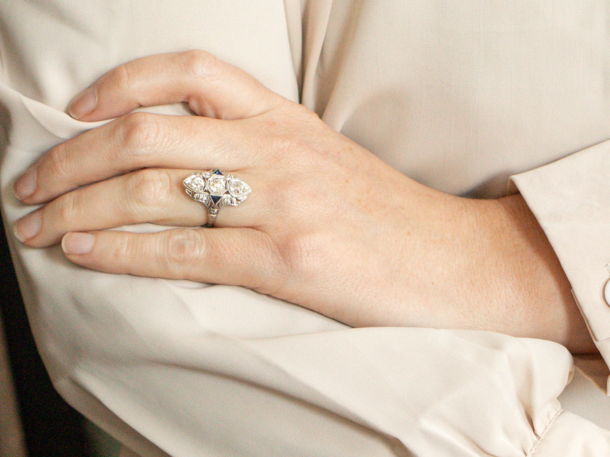 Art Deco Inspired Old Mine Cut Diamond and Synthetic Sapphire Dinner Ring