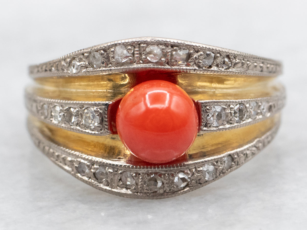 Vintage Inspired Mixed Metal Coral and Diamond Ring