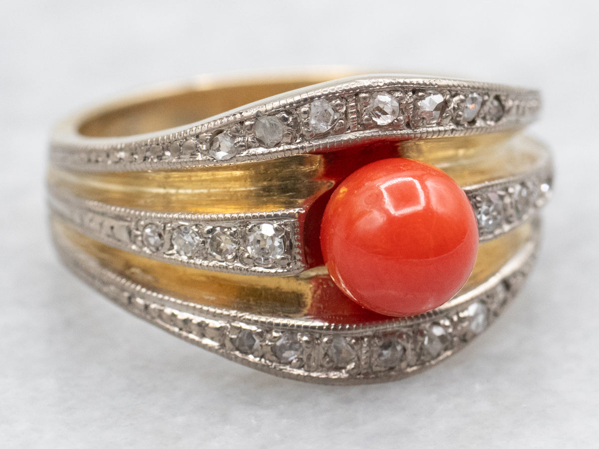 Vintage Inspired Mixed Metal Coral and Diamond Ring