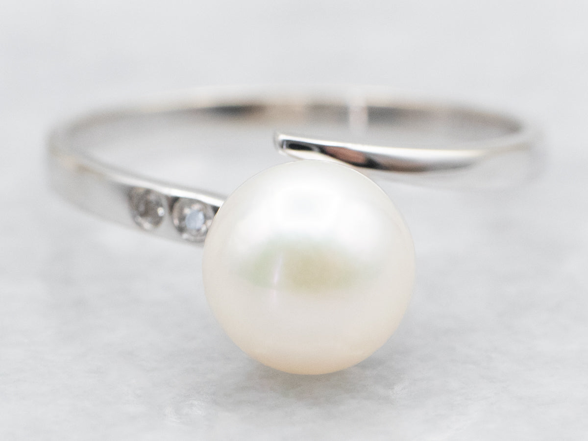 White Cultured Pearl and Diamond Bypass Ring