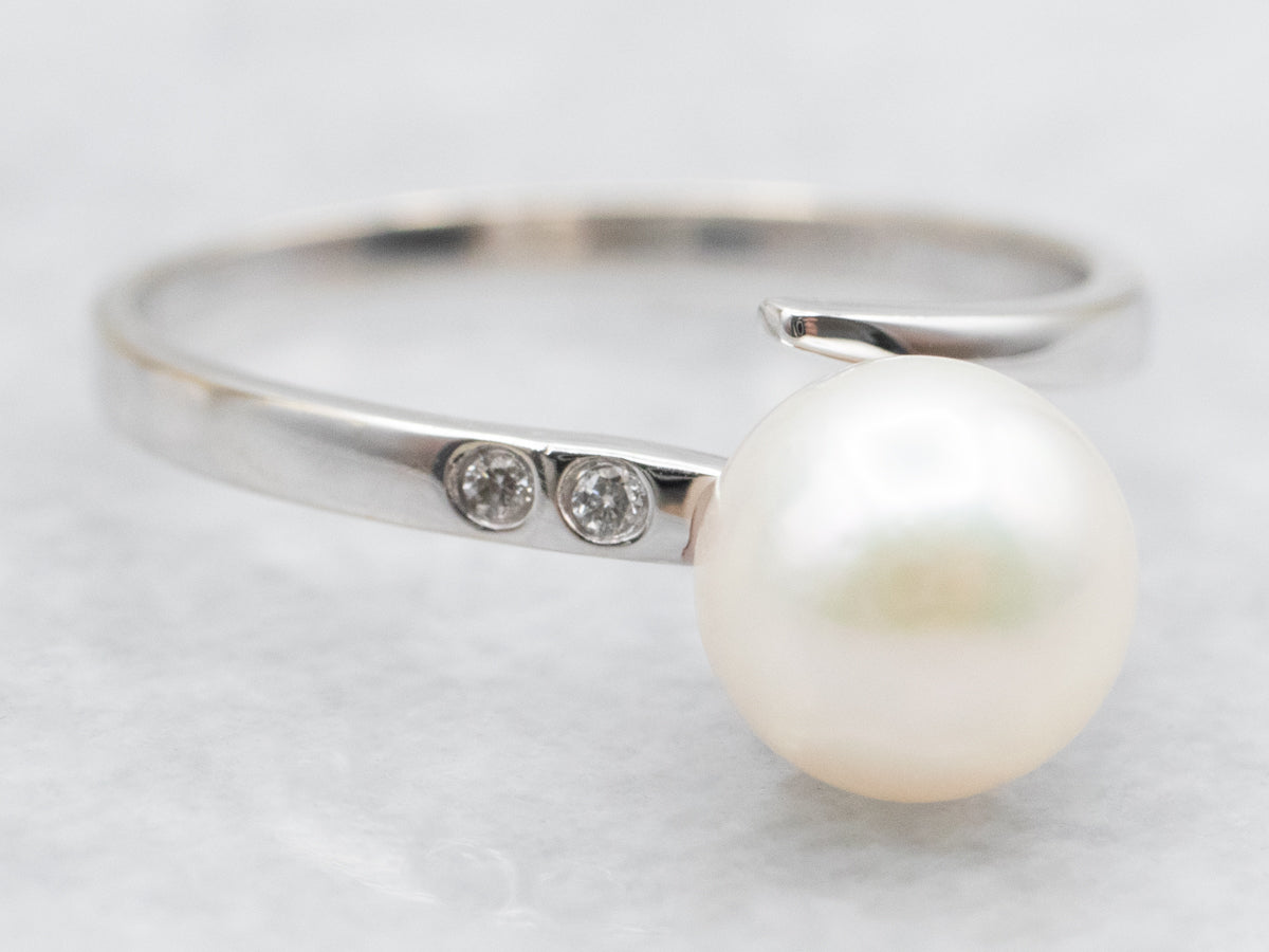 White Cultured Pearl and Diamond Bypass Ring