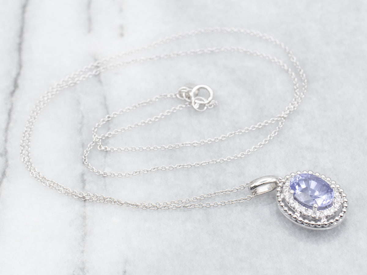 Sapphire and Double Diamond Halo Pendant on Cable Chain