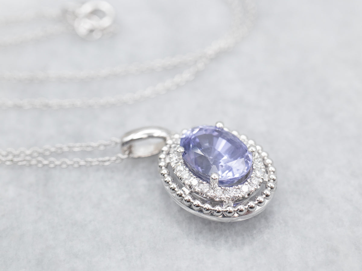 Sapphire and Double Diamond Halo Pendant on Cable Chain