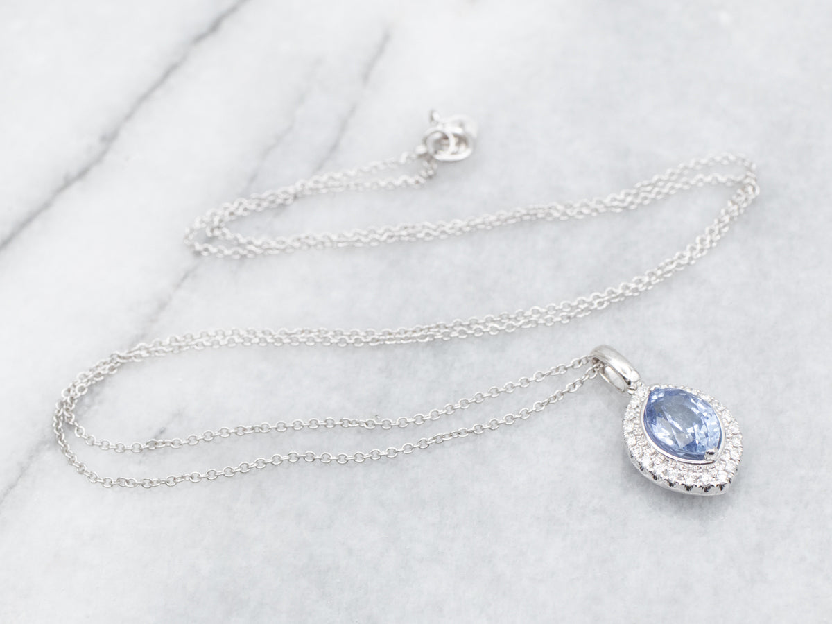 Modern Marquise Sapphire and Diamond Halo Pendant on Cable Chain