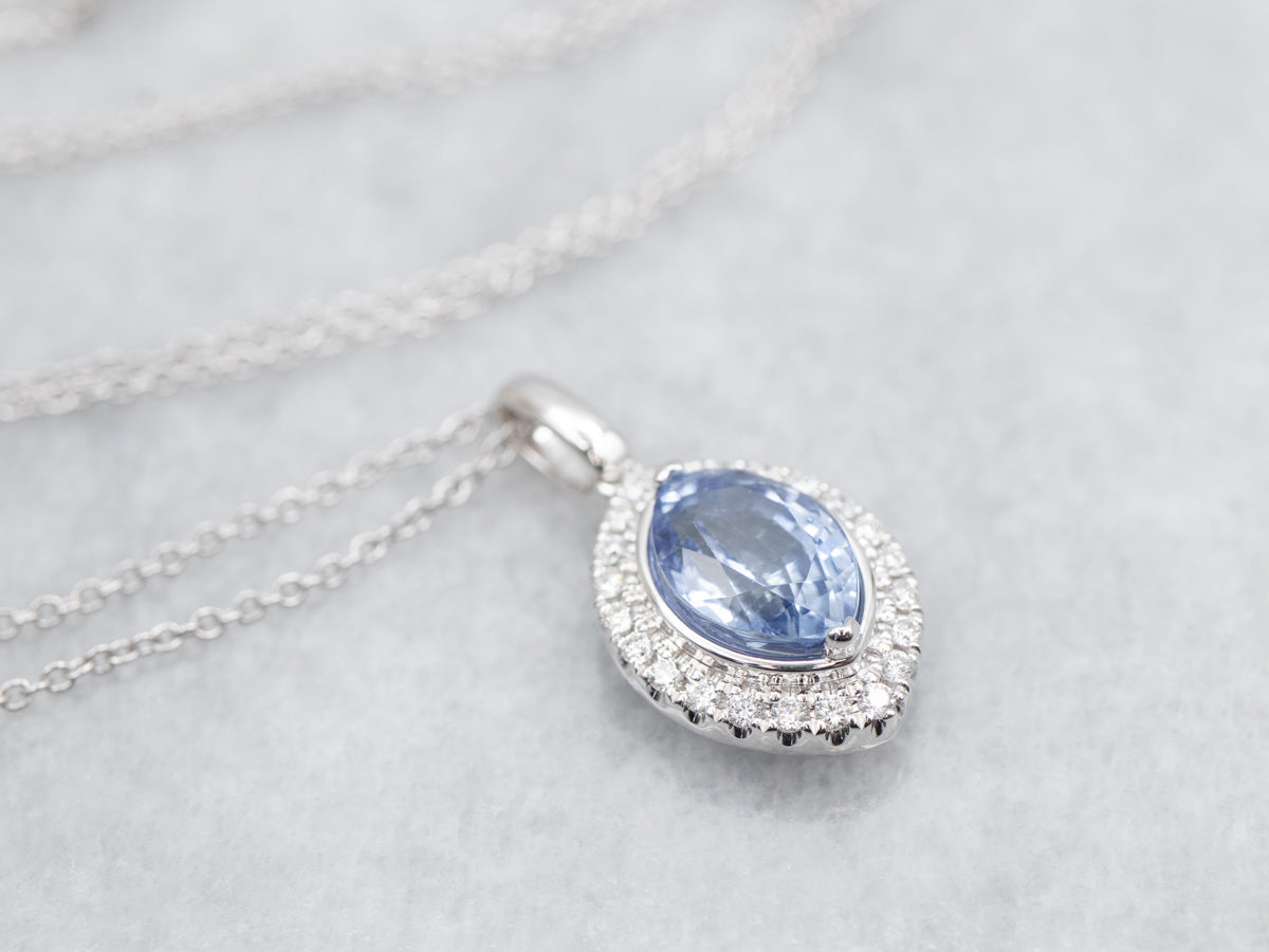 Modern Marquise Sapphire and Diamond Halo Pendant on Cable Chain