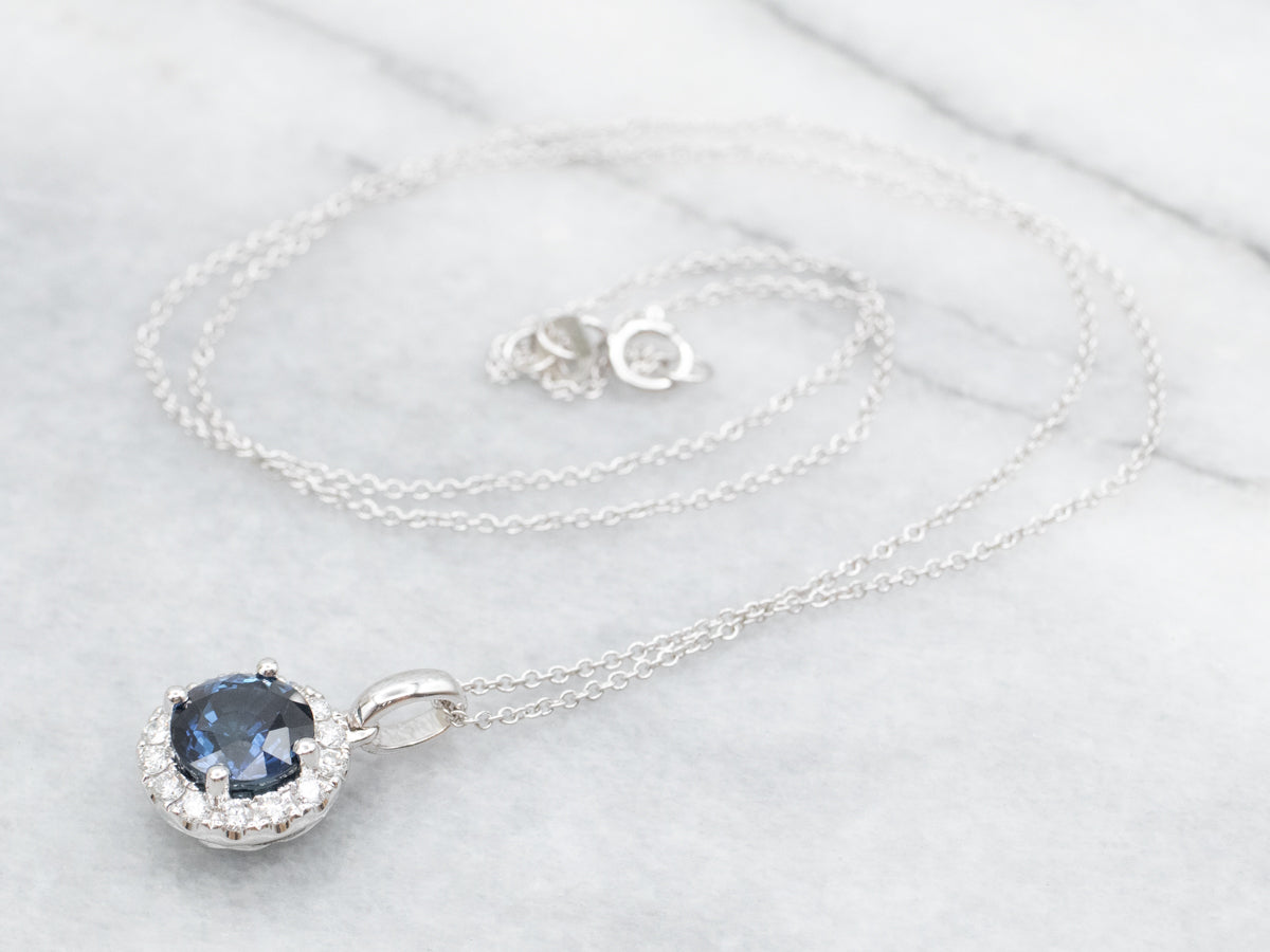 Sapphire and Diamond Halo Pendant on Cable Chain