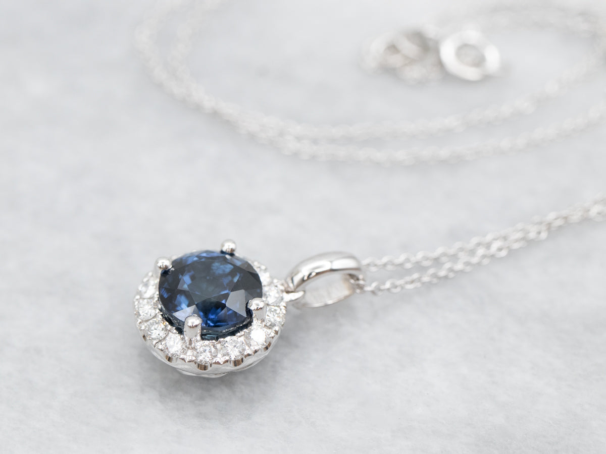 Sapphire and Diamond Halo Pendant on Cable Chain