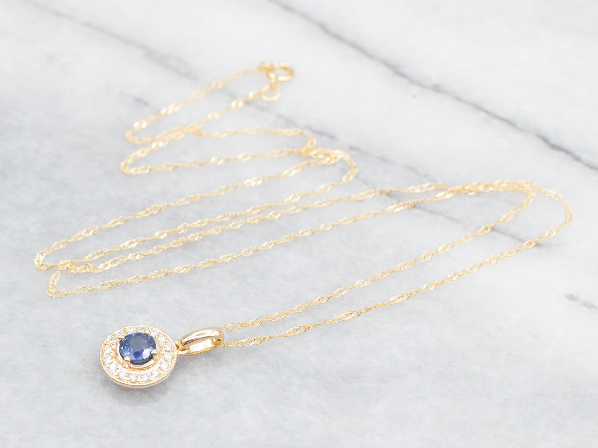 Sapphire and Diamond Halo Pendant on Rope Chain