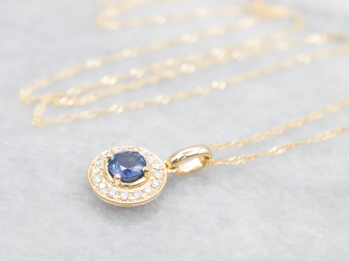 Sapphire and Diamond Halo Pendant on Rope Chain