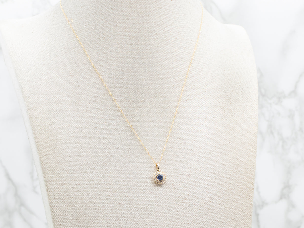 Sapphire and Diamond Halo Pendant on Rope Chain