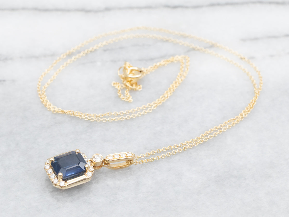 Modern Gold Sapphire and Diamond Pendant on Cable Chain