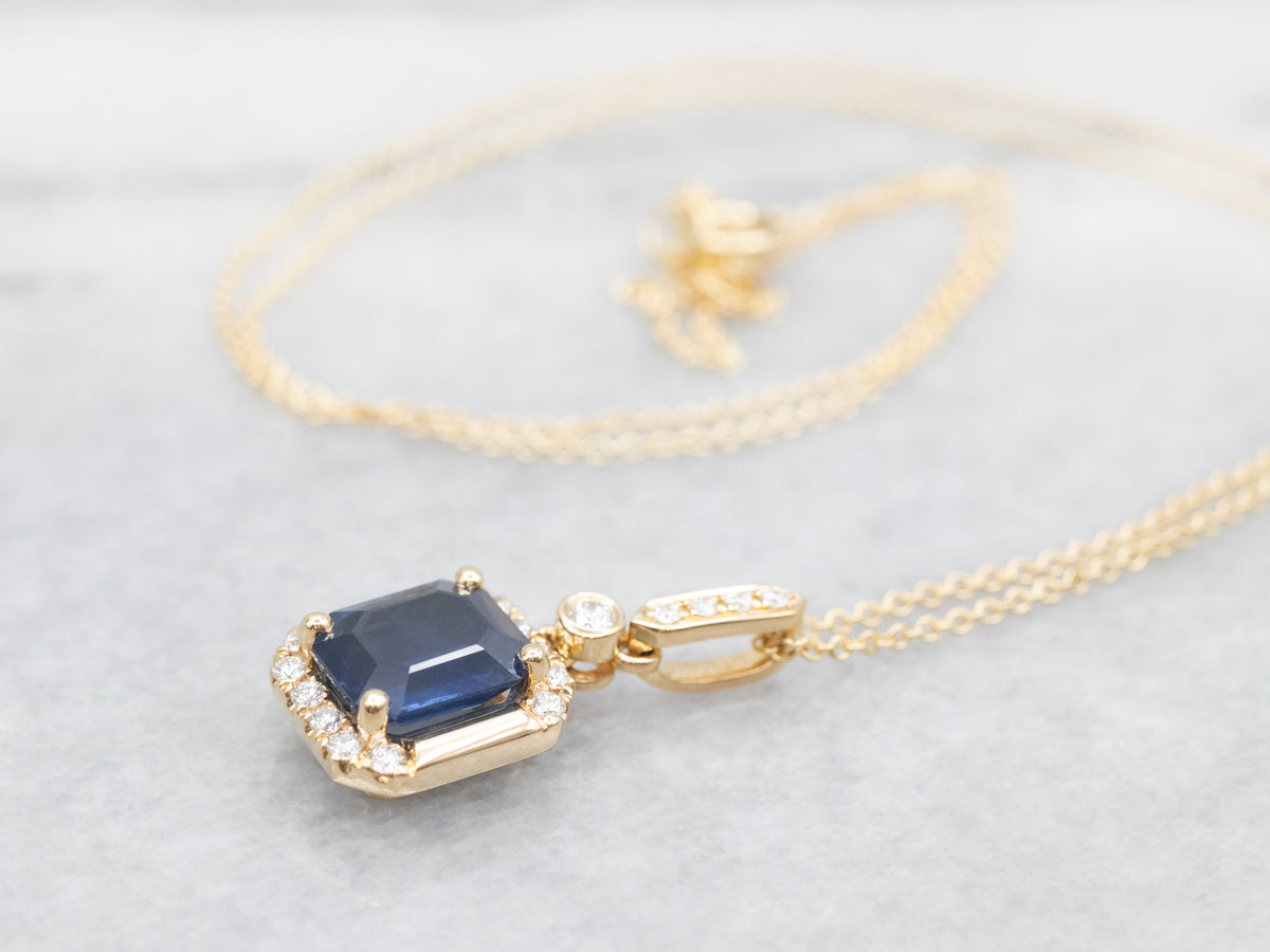 Modern Gold Sapphire and Diamond Pendant on Cable Chain