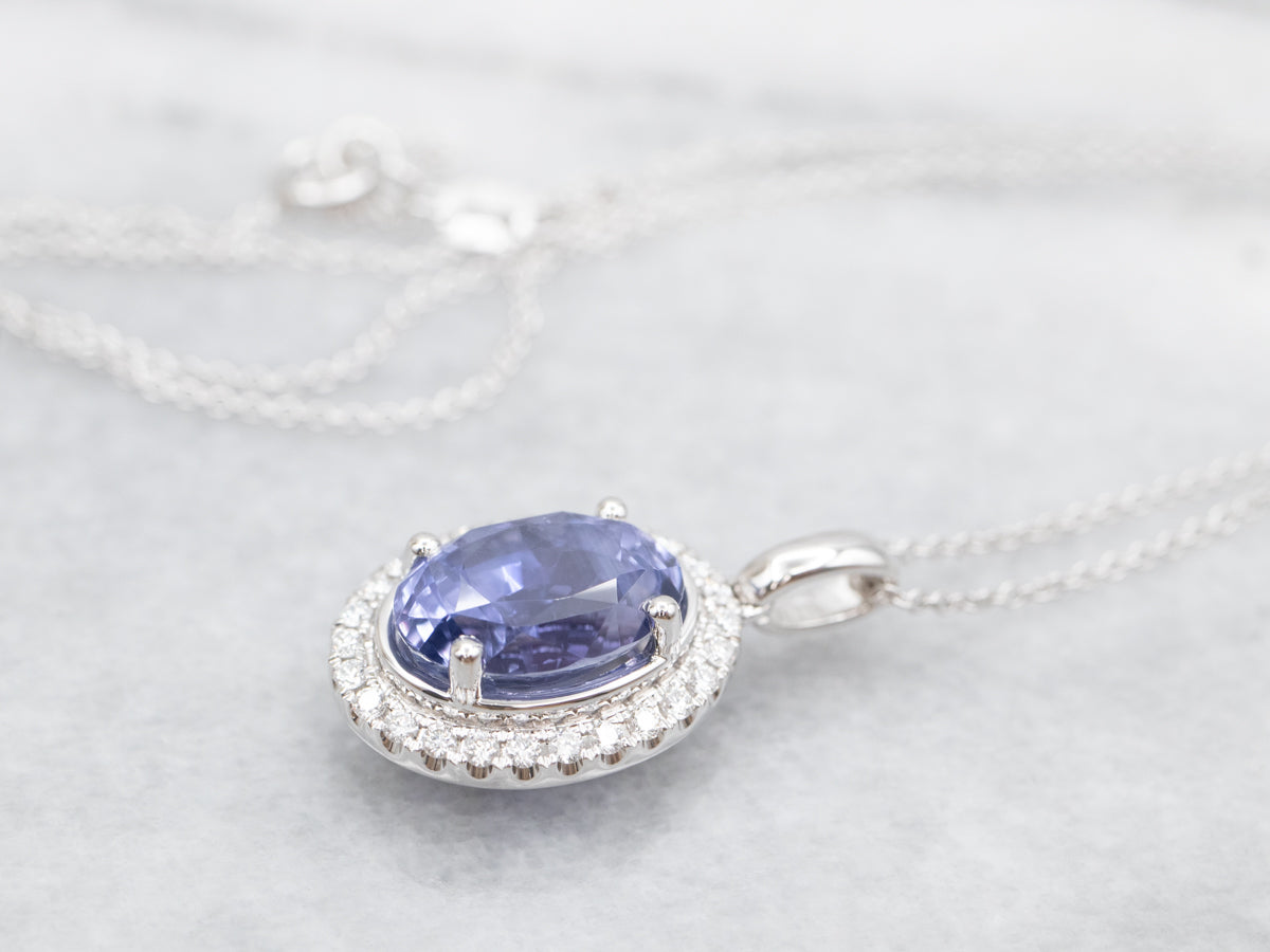 Modern Sapphire Halo Pendant on Cable Chain