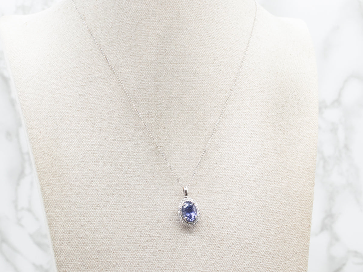 Modern Sapphire Halo Pendant on Cable Chain