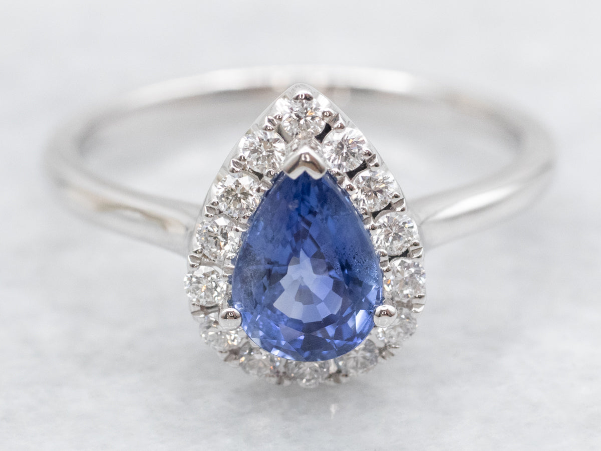 Modern Pear Cut Sapphire Diamond Halo Ring