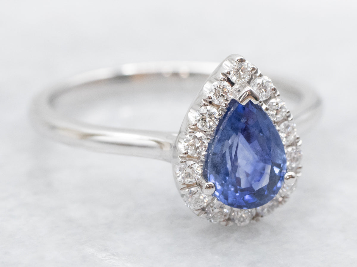 Modern Pear Cut Sapphire Diamond Halo Ring