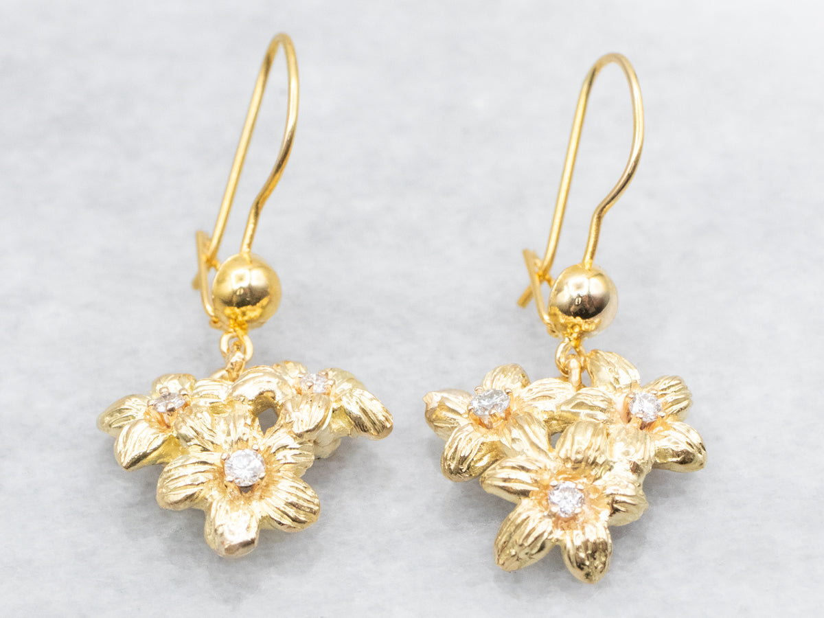 Golden Floral Diamond Drop Earrings