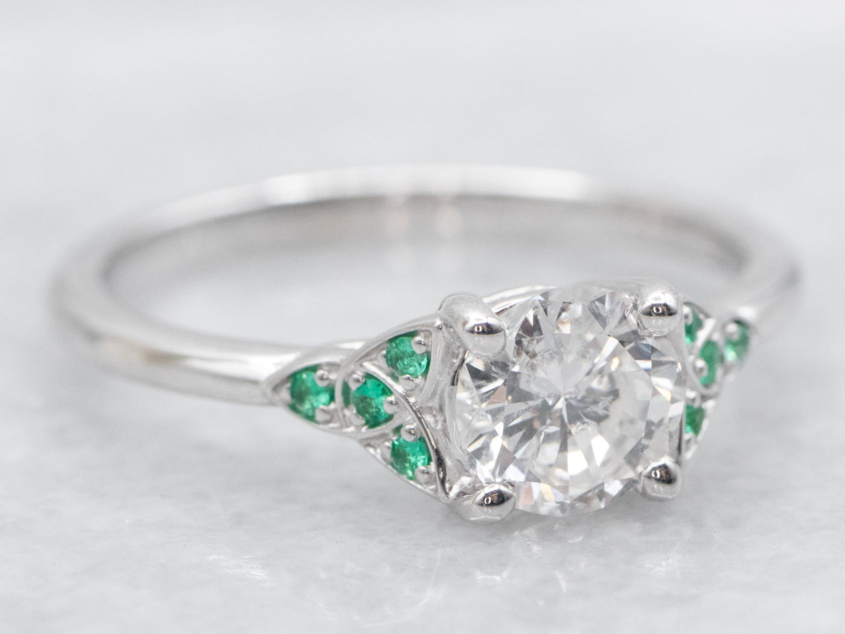 Modern Round Brilliant Diamond and Emerald Engagement Ring