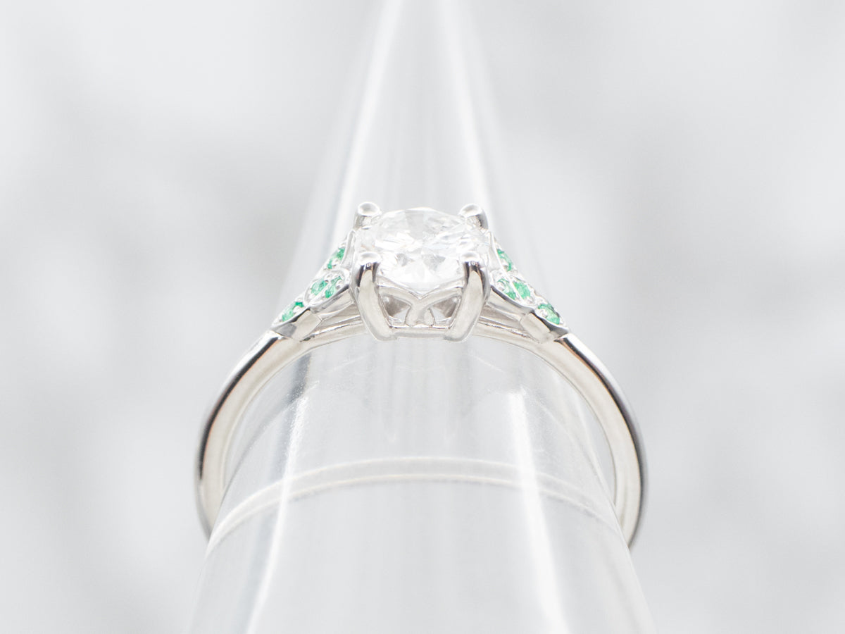 Modern Round Brilliant Diamond and Emerald Engagement Ring