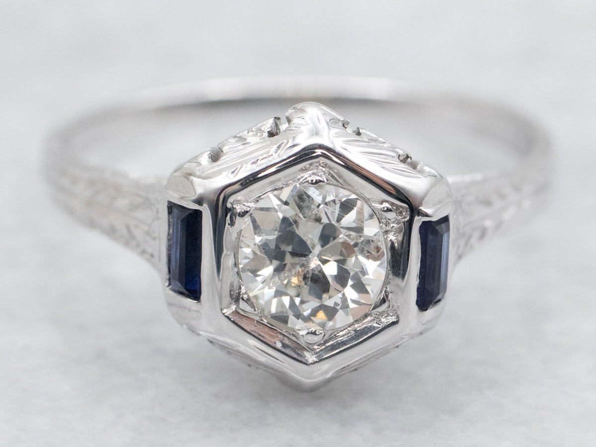 1920's European Cut Diamond and Synthetic Sapphire Engagement Ring