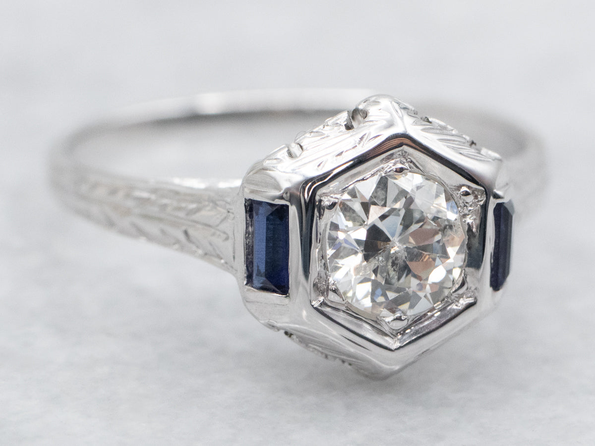 1920's European Cut Diamond and Synthetic Sapphire Engagement Ring