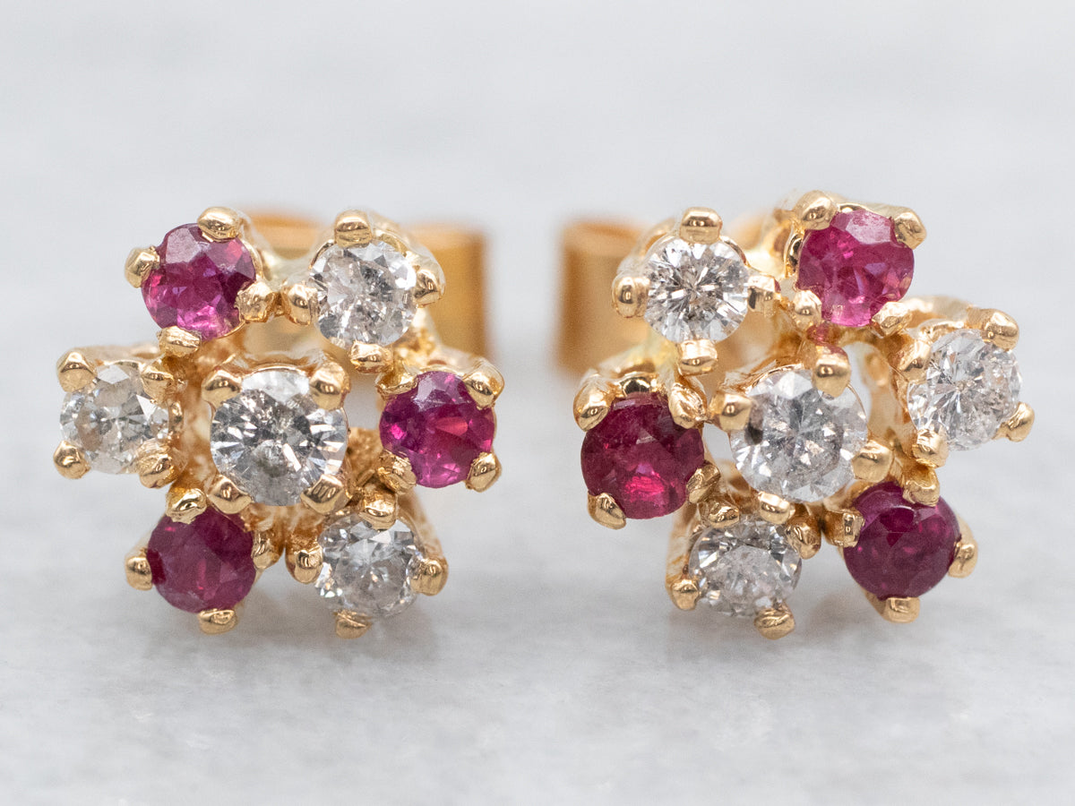 Diamond and Ruby Cluster Stud Earrings