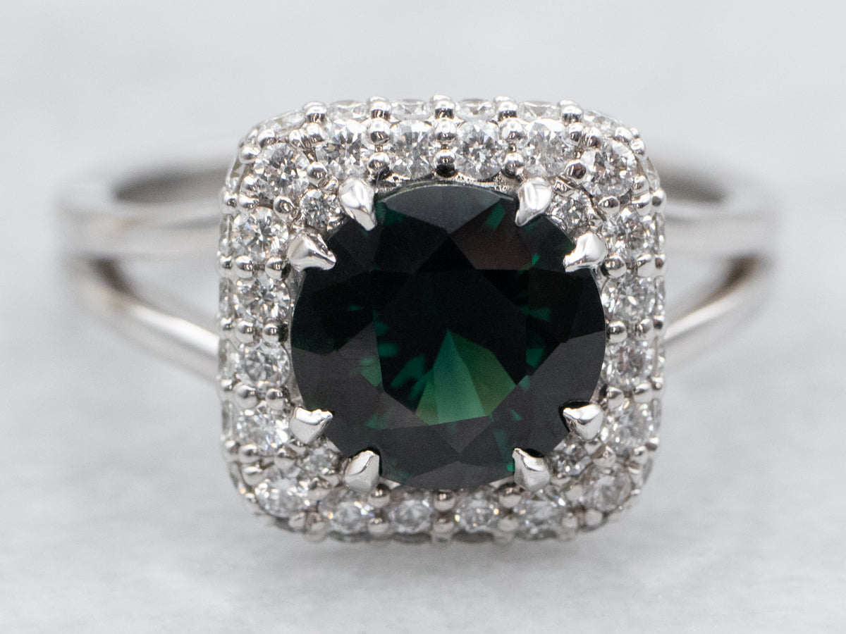 Fine GIA Certified Natural Unheated Dark Green Sapphire and Diamond Halo Ring