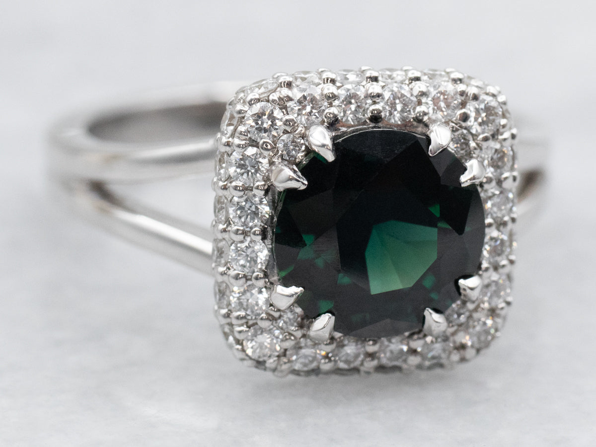 Fine GIA Certified Natural Unheated Dark Green Sapphire and Diamond Halo Ring