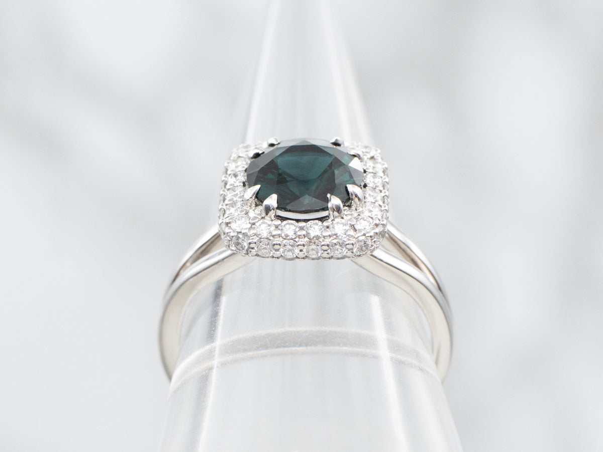 Fine GIA Certified Natural Unheated Dark Green Sapphire and Diamond Halo Ring