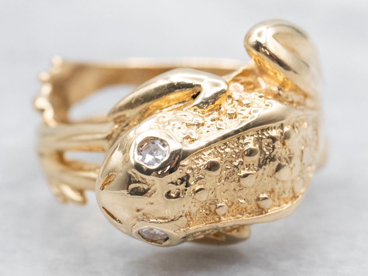 Gold Frog Statement Ring with Diamond Eyes