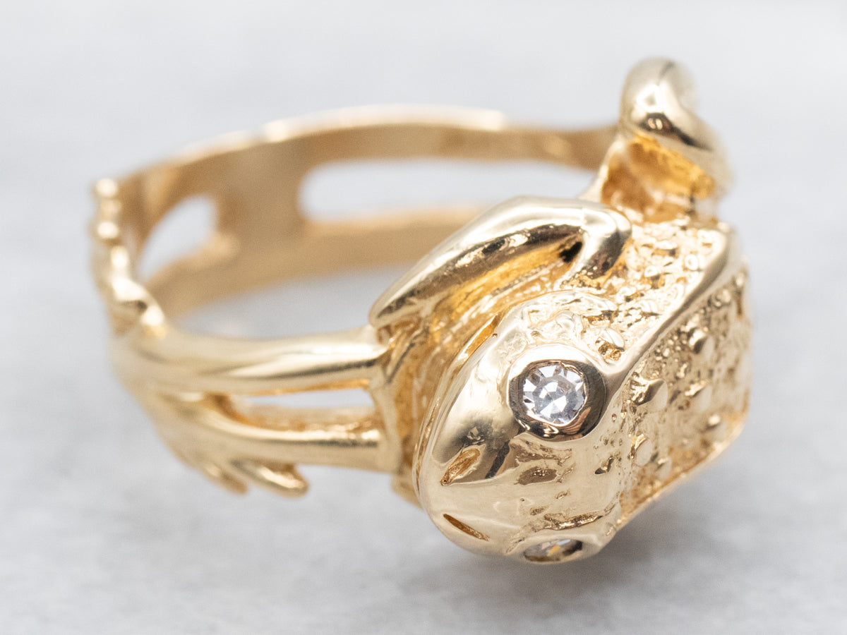 Gold Frog Statement Ring with Diamond Eyes