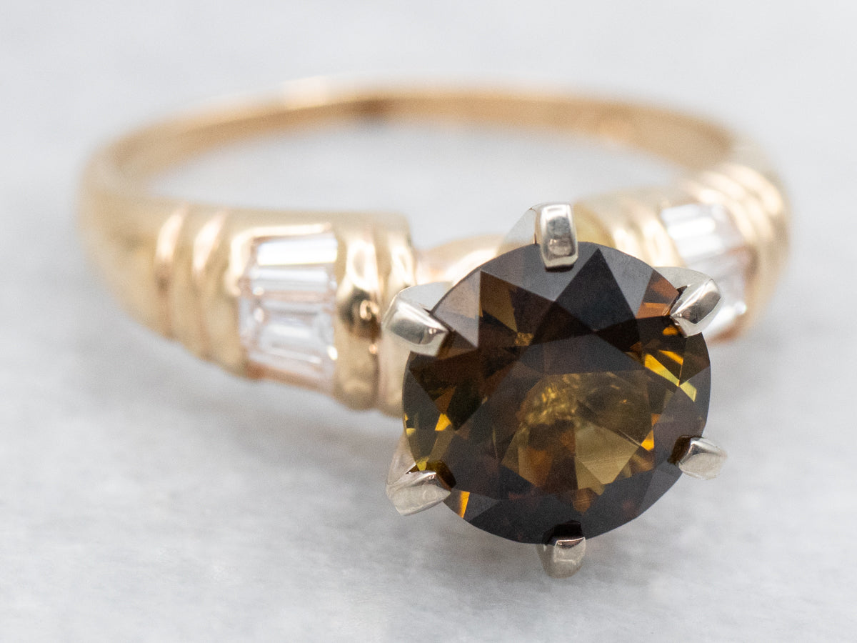 Polished Gold Dravite Tourmaline and Diamond Ring