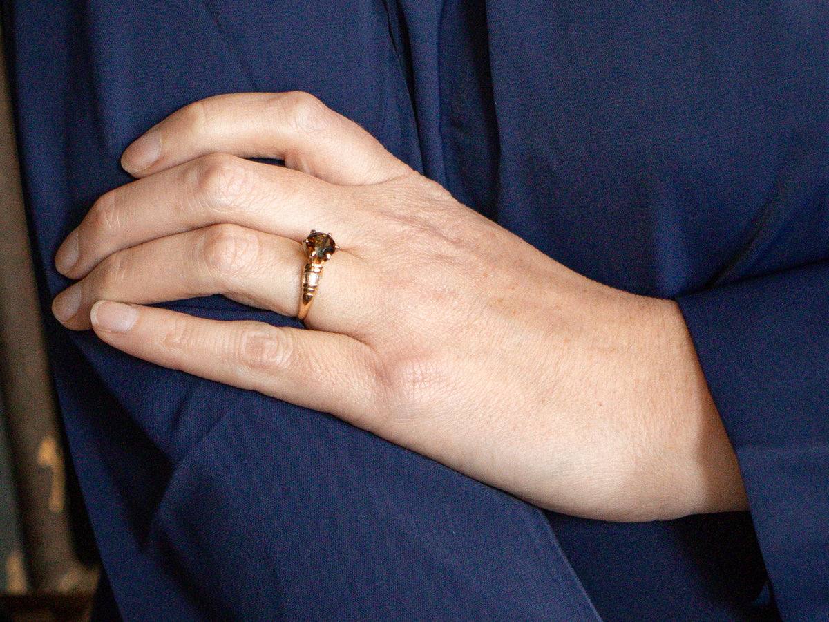 Polished Gold Dravite Tourmaline and Diamond Ring