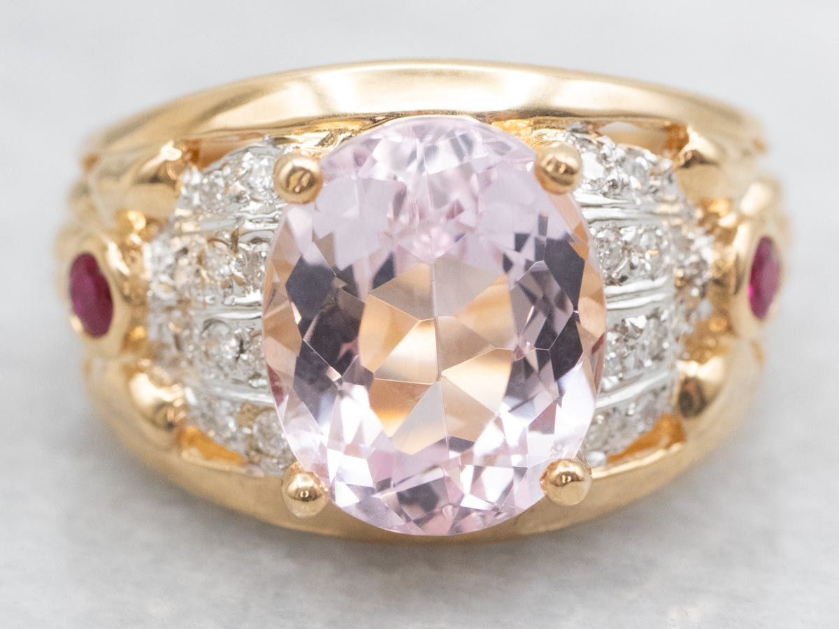 Modern Kunzite and Ruby Ring with Diamond Accents