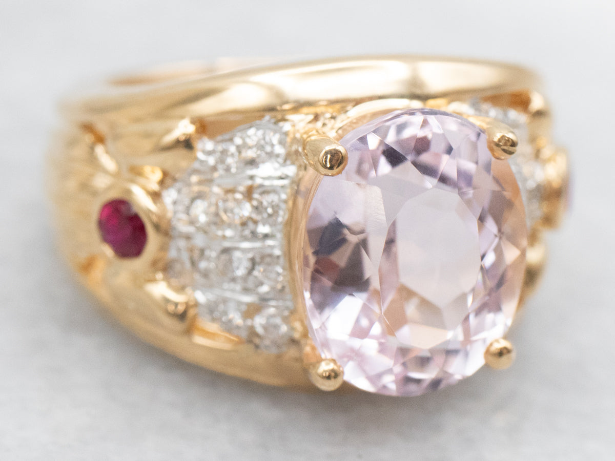 Modern Kunzite and Ruby Ring with Diamond Accents