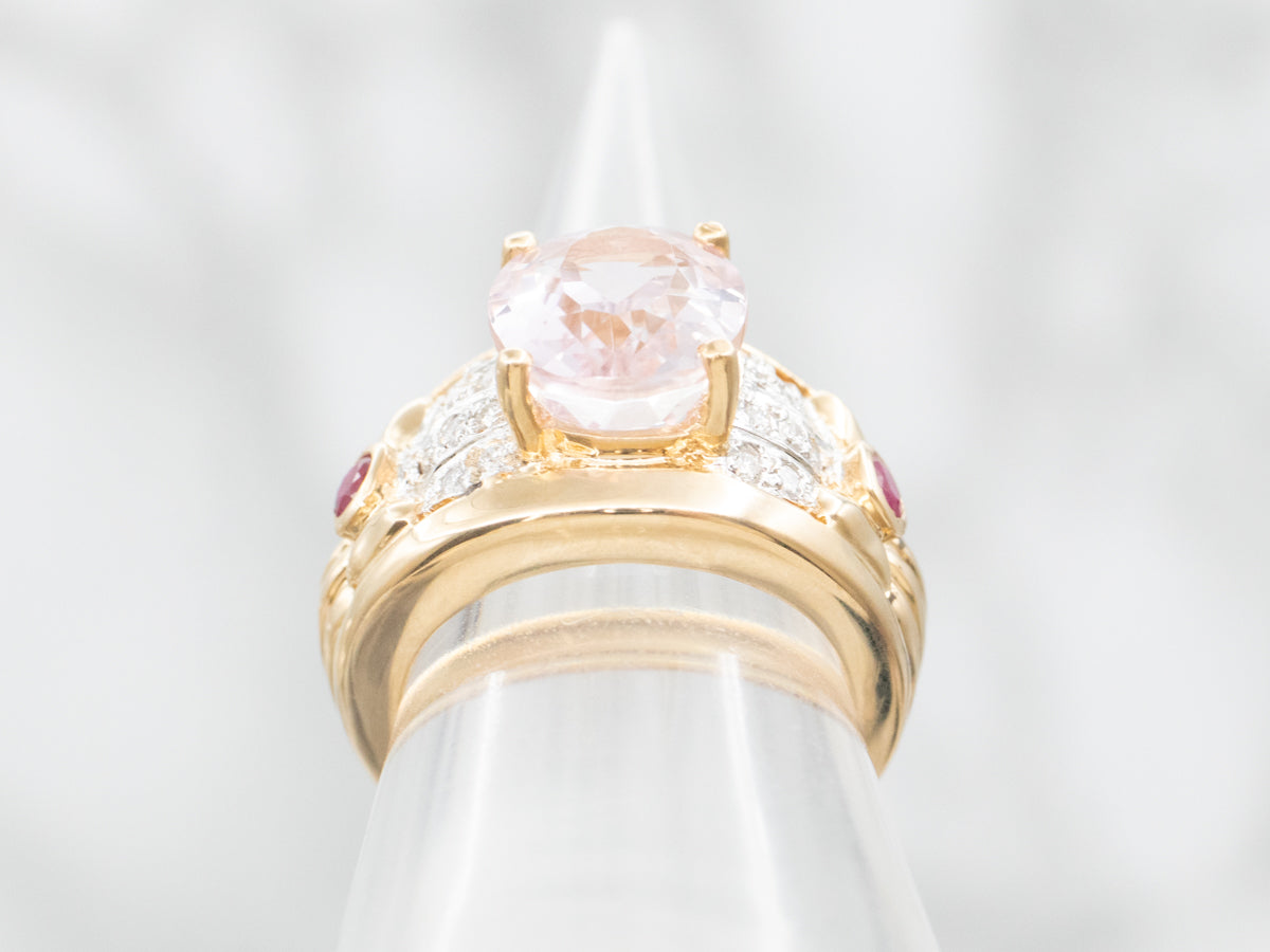 Modern Kunzite and Ruby Ring with Diamond Accents